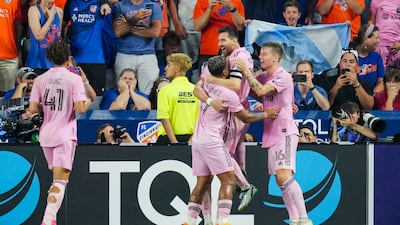 Lionel Messi celebrates with Inter Miami teammates after Leonardo Campana's goal in the US Open semi-finals. Reuters