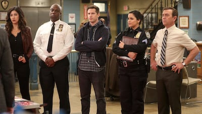The cast of the comedy series 'Brooklyn Nine-Nine', from left, Stephanie Beatriz, Andre Braugher, Andy Samberg, Melissa Fumero and Joe Lo Truglio. AP
