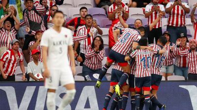 Guadalajara's Angel Zaldivar celebrates scoring their first goal. Reuters