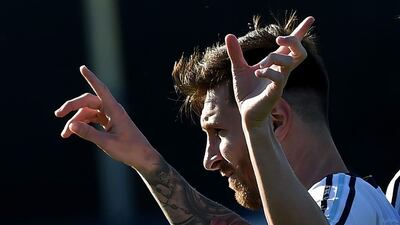 Lionel Messi trains with the Argentina national team at the San Jose State University. Mark Ralston / AFP