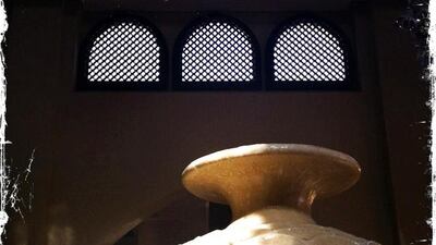 Day trip with friends to the Western Region and the Mazayin Dhafra Camel Festival, 220 kms west of Abu Dhabi on December 20, 2013. Decorations in the lobby of Tilal Liwa Hotel.. Picture taken with the Hipstamatic app for the iPhone. Liz Claus / The National