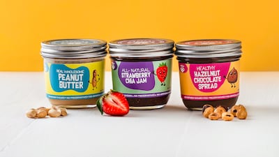 Children's health-food store Koala Picks offers three spreads: from left, peanut butter, strawberry chia jam and hazelnut chocolate