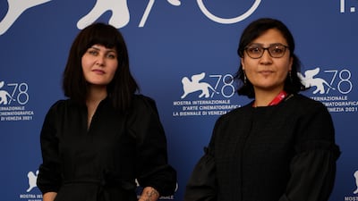 From left, directors Sahraa Karimi and Sahra Mani spoke at a panel at Venice Film Festival on Saturday. AP