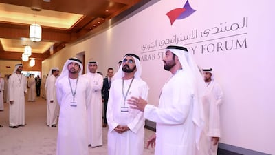 Sheikh Mohammed bin Rashid, Vice President and Ruler of Dubai, and Sheikh Hamdan bin Mohammed, Crown Prince of Dubai, attend the Arab Strategy Forum last year. This year's forum will be held on December 12. Wam