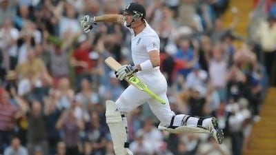England's Kevin Pietersen celebrates his 100 against South Africa, during the Investec second Test match at Headingley Carnegie, in Leeds, England.