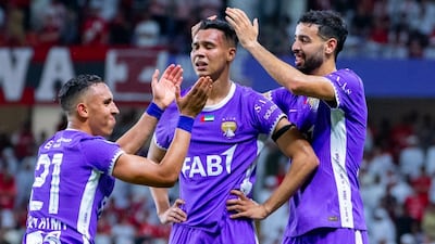 Houssine Rahimi celebrates after his winner for Al Ain against Shabab Al Ahli. Photo: UAE Pro League