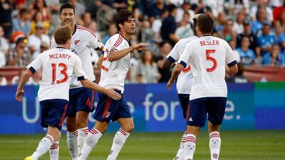 Kaka, centre, of MLS All-Stars celebrates after scoring a penalty in the win over the Tottenham. Doug Pensinger / Getty Images