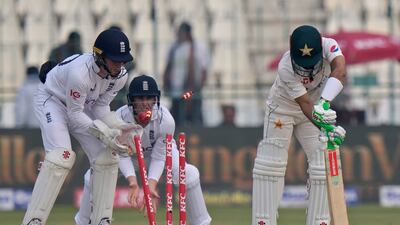 Pakistan batter Muhammad Rizwan is bowled by England's Jack Leach for 10. AP