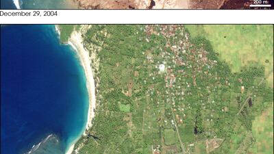 20. The 2004 Indian Ocean earthquake and tsunamis killed nearly 230,000 people. A satellite image shows the Indonesian town of Lhoknga destroyed by the natural disaster on December 26. All properties were destroyed, except for a white mosque that is visible in the image. Photo: Nasa