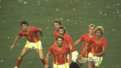 Diego Maradona of Argentina turns and finds a posse of Belgium defenders converge on him during a match in the 1982 Wold Cup in Spain. Steve Powell / Allsport