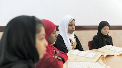 Girls at Al Bateen Centre For Quran Memorisation, Abu Dhabi, but learning the Holy Book can improve brain health and IQ for all ages. Reem Mohammed / The National