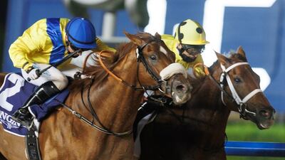 Tadhg O’Shea on board Kafoo (near side) riding the first of his three winners at Meydan on Thursday, December 16, 2021. DHRIC