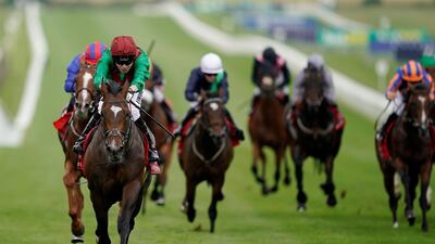 Jamie Spencer and Spanish Mission win the Bahrain Trophy Stakes at Newmarket Racecourse. Getty Images