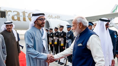 Sheikh Abdullah bin Zayed, Deputy Prime Minister and Minister of Foreign Affairs, is greeted by Mr Modi