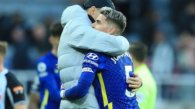 Chelsea coach Thomas Tuchel with Italian midfielder Jorginho at the final whistle. AFP