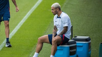 Leandro Paredes takes a break during training. EPA