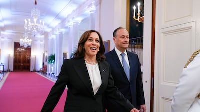 Vice President Kamala Harris and her husband Douglas Emhoff arrive for a ceremony to award the nation's highest civilian honour, the Presidential Medal of Freedom. AP