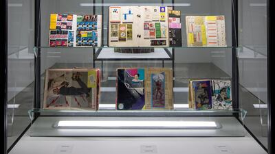 Shinro Ohtake’s scrapbooks made of glue-encrusted page. Courtesy of Sharjah Art Foundation