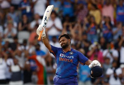 Cricket - One Day International Series - England v India - Old Trafford Cricket Ground, Manchester, Britain - July 17, 2022 India's Rishabh Pant celebrates reaching his century Action Images via Reuters / Jason Cairnduff