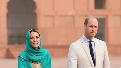 Catherine, Duchess of Cambridge and Prince William, Duke of Cambridge visit the Badshahi Mosque within the Walled City during day four of their royal tour of Pakistan on October 17, 2019 in Lahore, Pakistan.
