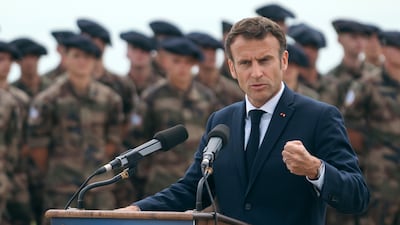 Emmanuel Macron, France's president, speaks at a news conference during a visit to NATO forces at the Mihail Kogalniceanu Military Base in Constanta, Romania, on Wednesday, June 15, 2022. Macron said he’ll back Romania’s fresh bid to unlock the nation’s efforts to join the European Union’s visa-free travel bloc, which have been stalled for years. Photographer: Andrei Pungovschi / Bloomberg