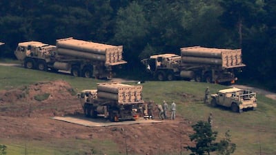 Batteries of the US-made Terminal High-Altitude Area Defence system, or THAAD, are deployed at a golf course in Seongju, South Korea on September 7, 2017 as Seoul boosts its defences after North Korea's sixth nuclear test on September 3, 2017. Kim Jun-beom / Yonhap via AP