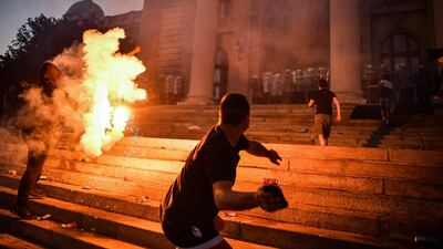 Chaotic scenes rocked Belgrade on July 7 at night after thousands of people streamed into the city centre to protest. AFP