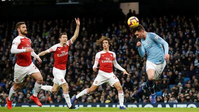 Manchester City's Aymeric Laporte scores a disallowed goal due to offside. Action Images via Reuters