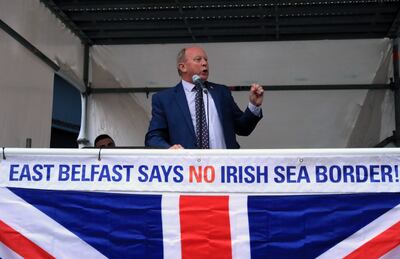Unionist leader Jim Alister speaks out against the Northern Ireland protocol in Belfast. PA