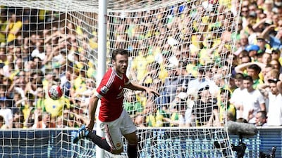 Juan Mata of Manchester United celebrates scoring his team’s first goal during the Premier League match between Norwich City and Manchester United at Carrow Road on May 7, 2016 in Norwich, England. (Mike Hewitt/Getty Images)