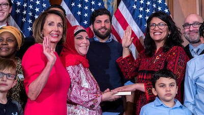 Democratic Representative from Michigan Rashida Tlaib (2-R), participates in a ceremonial swearing-in photograph with Democratic Speaker of the House Nancy Pelosi (2-L), during the first day of the 116th Congress. EPA