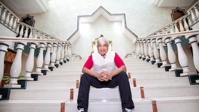 Architect Ashok Mody on the grand staircase he designed for the Sharjah house of Sooud Al Qassemi 40 years ago. Leslie Pableo / The National 