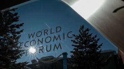 A logo sits on a window at the entrance hall of the Congress Center ahead of the World Economic Forum (WEF) in Davos, Switzerland, on Monday, January 20, 2020. Bloomberg