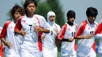 Members of the UAE Women's national football team run through drills on the practice field at the USTC complex in Downingtown, Pennsylvania .