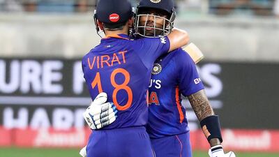 Suryakumar Yadav celebrates with Virat Kohli after reaching his half-century. Yadav blasted six fours and six sixes during his knock.