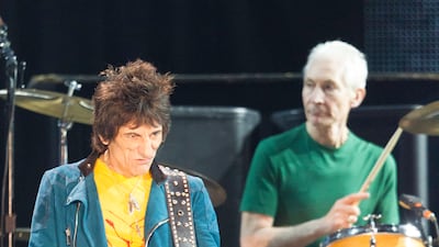 Ronnie Wood and Charlie Watts of The Rolling Stones perform at du Arena, Yas Island in Abu Dhabi on February 21, 2014. Getty Images