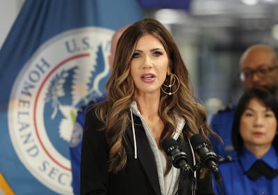 Homeland Security Secretary Kristi Noem speaks at a news conference. AP