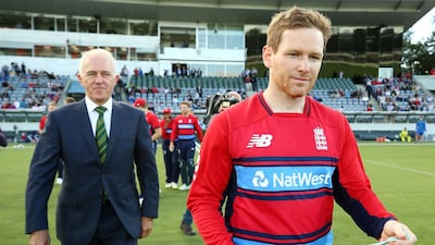 England captain Eoin Morgan and Australian Prime Minister Malcom Turnbull make their way onto the field for the national anthems before the One Day Tour Match between the Prime Minister's XI and England at Manuka Oval on February 2, 2018 in Canberra, Australia. Mark Nolan / Getty Images