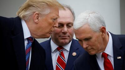 President Donald Trump confers with Vice President Mike Pence and House Minority Whip Steve Scalise after a meeting with with Congressional leaders about the government shutdown. Reuters
