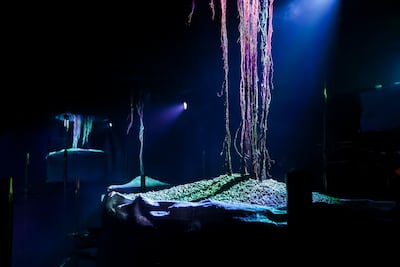 In Megaliths in the Roots Garden, illuminated roots hang freely in the air rather than anchored in soil. Victor Besa / The National