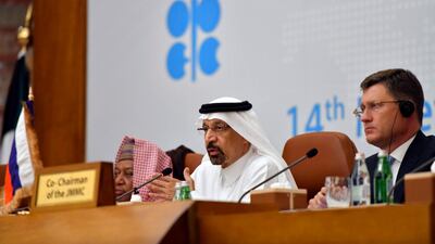 Saudi Energy Minister Al Falih with his Russian counterpart Alexander Novak at the joint ministerial committee meeting in Jeddah in May. Reuters