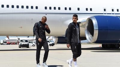 Roberto Firmino, right, and Fabinho arrive in Madrid. EPA