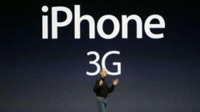 Steve Jobs announces the new Apple iPhone 3G during the keynote speech at the Apple Worldwide Developers Conference in San Francisco.