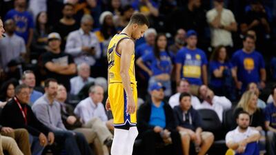 Stephen Curry reacts during the Golden State Warriors' home loss to the Minnesota Timberwolves on Tuesday night in the NBA. Ezra Shaw / Getty Images / AFP / April 5, 2016