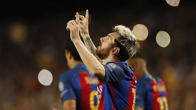Barcelona's Lionel Messi celebrates scoring one of his three goals against Manchester City on Wednesday night. John Sibley / Action Images / Reuters / October 19, 2016