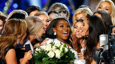 Miss New York Nia Franklin, centre, celebrates after being named Miss America 2019 AP