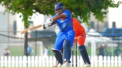 UAE's Akshdeep Nath made 99 against the Netherlands in the Cricket World Cup League Two. Photo: ICC/ECB