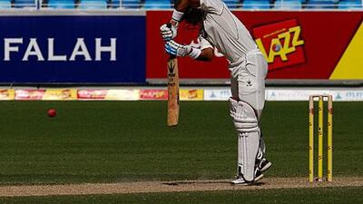 Mohammad Hafeez, the Pakistan opener, plays a back-foot defence in the morning session of the second day's play against Sri Lanka.
