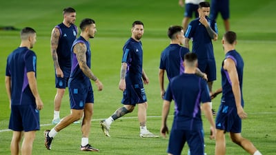 Argentina's Lionel Messi and teammates during training. Reuters