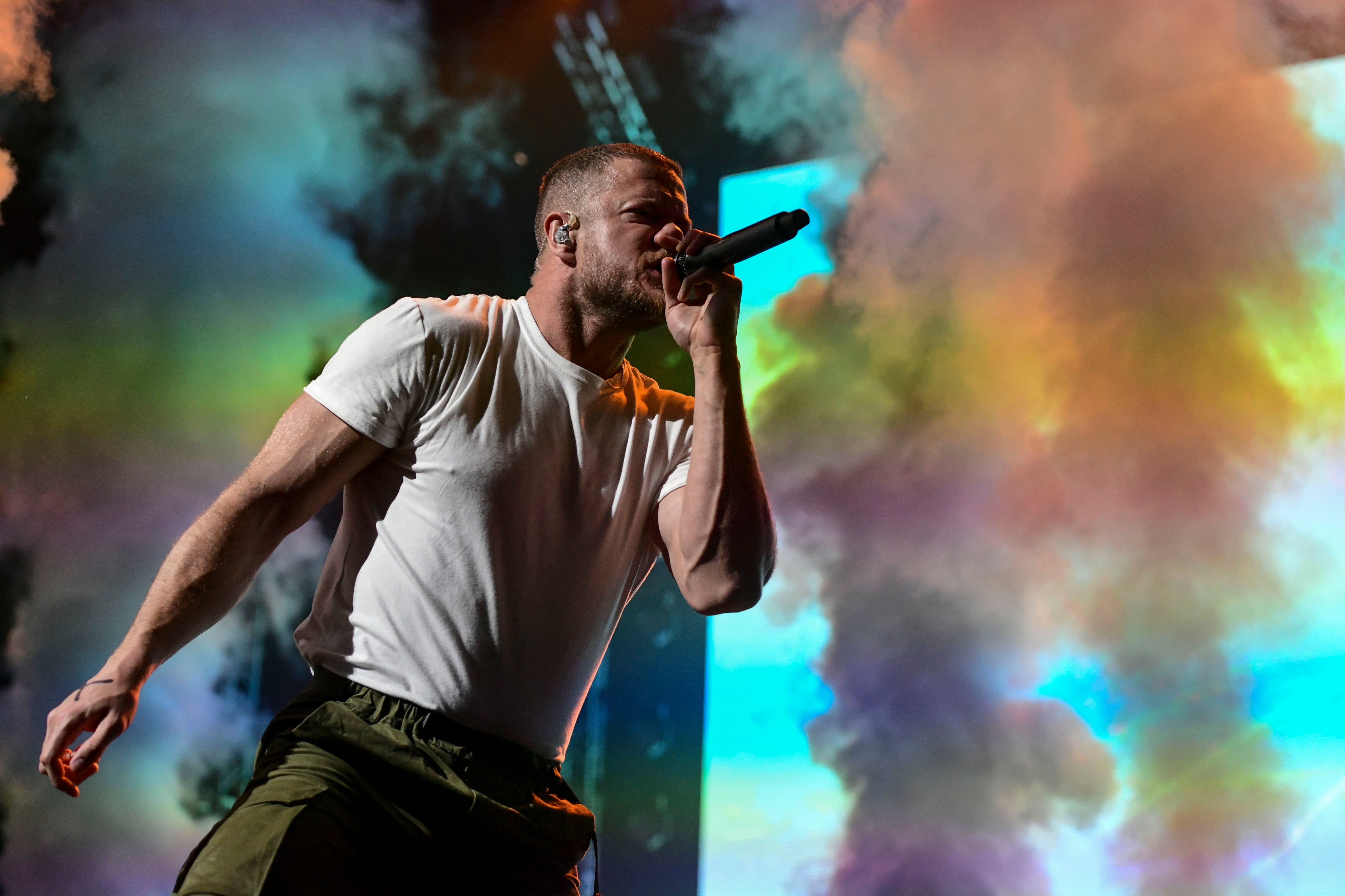 Imagine Dragons frontman Dan Reynolds in full flow at Etihad Arena in 2023. Khushnum Bhandari / The National